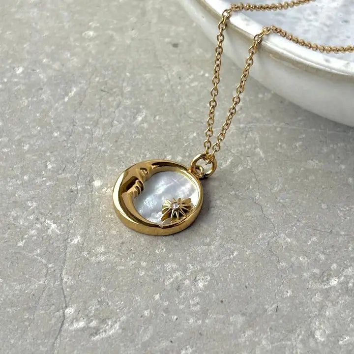 Gold Moon & Star Pearlescent Necklace