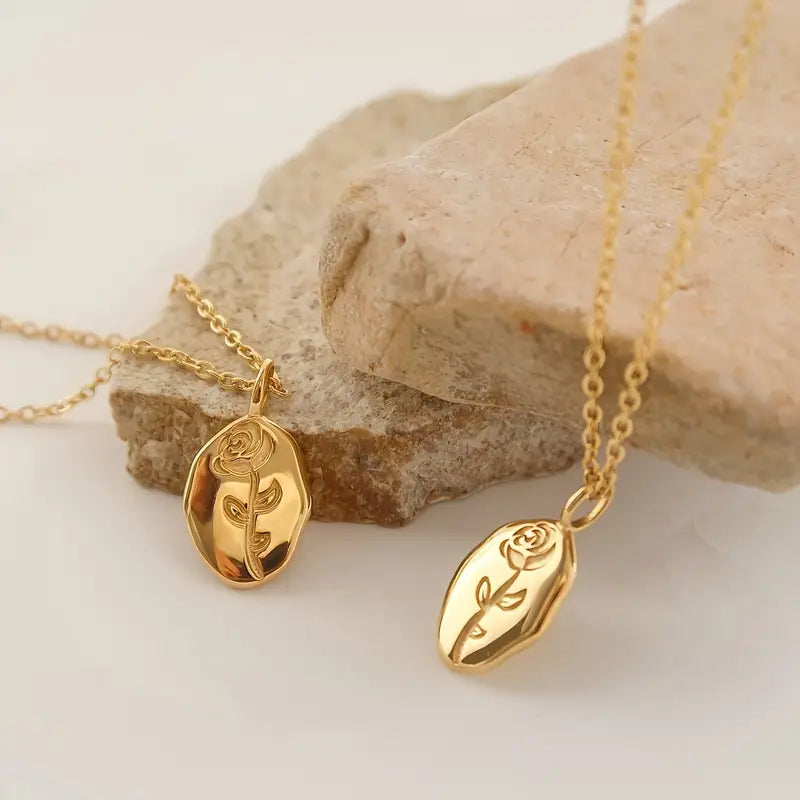Gold Oval Rose Pendant Necklace